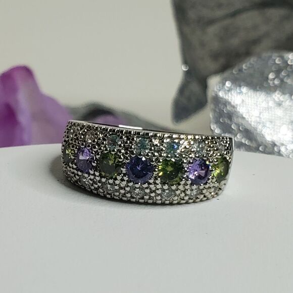 Green & Blue Diamonds Baguette White Diamonds Ring on 925 Silver Ring - Picture 6 of 7